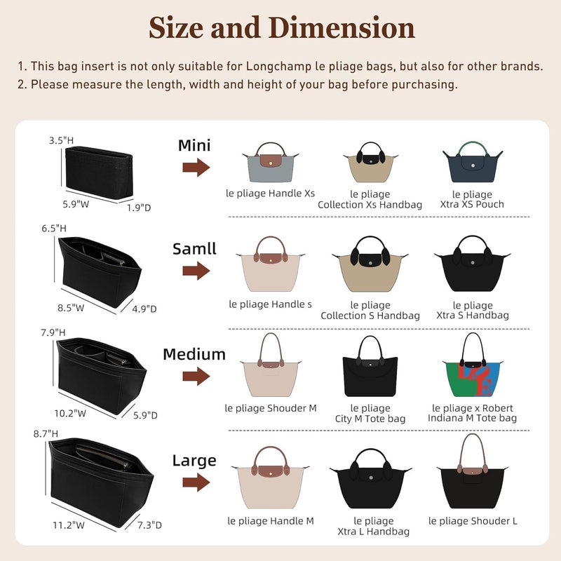 Doxo Purse Organizer Insert for Longchamp Le Pliage XS, Premium Felt Tote Bag Organizer with 7 Compartments and Zippered Pocket (Black, Mini) - Image 2